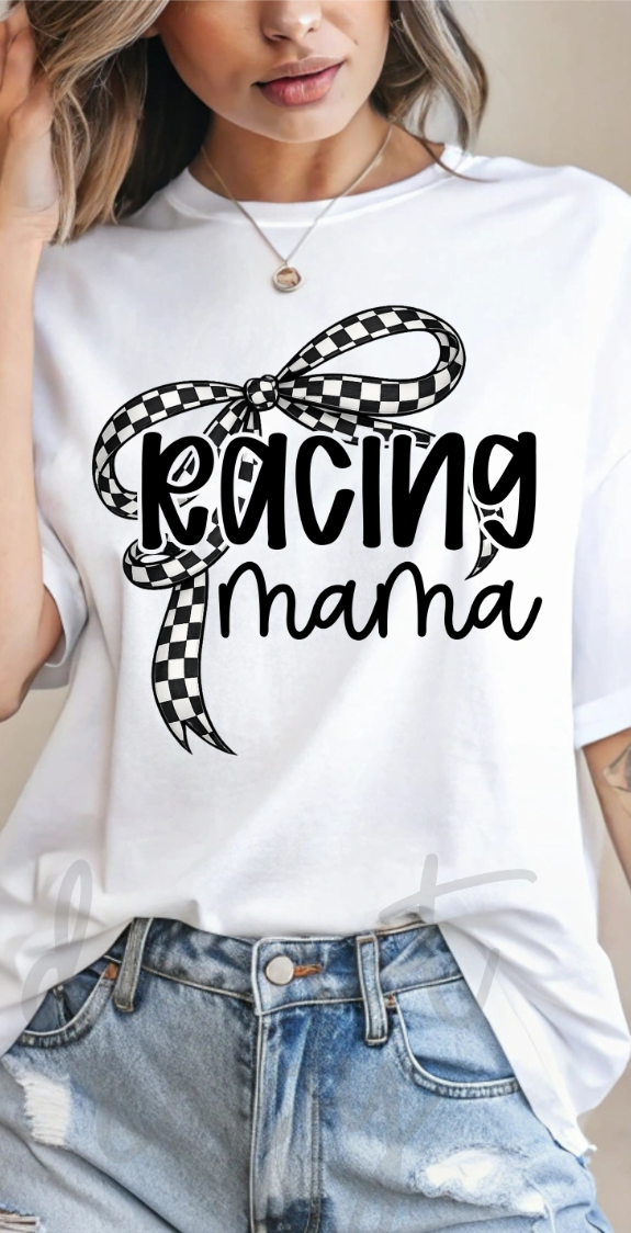 Racing mama BLACK with checkered bow (Parker) DTF Transfer