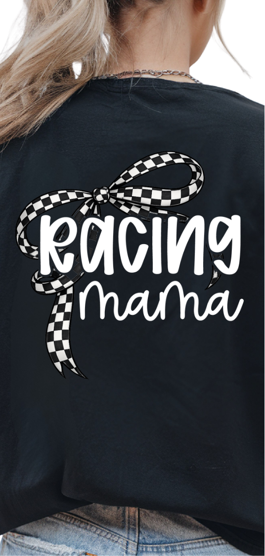 Racing mama WHITE with checkered bow (Parker) DTF Transfer