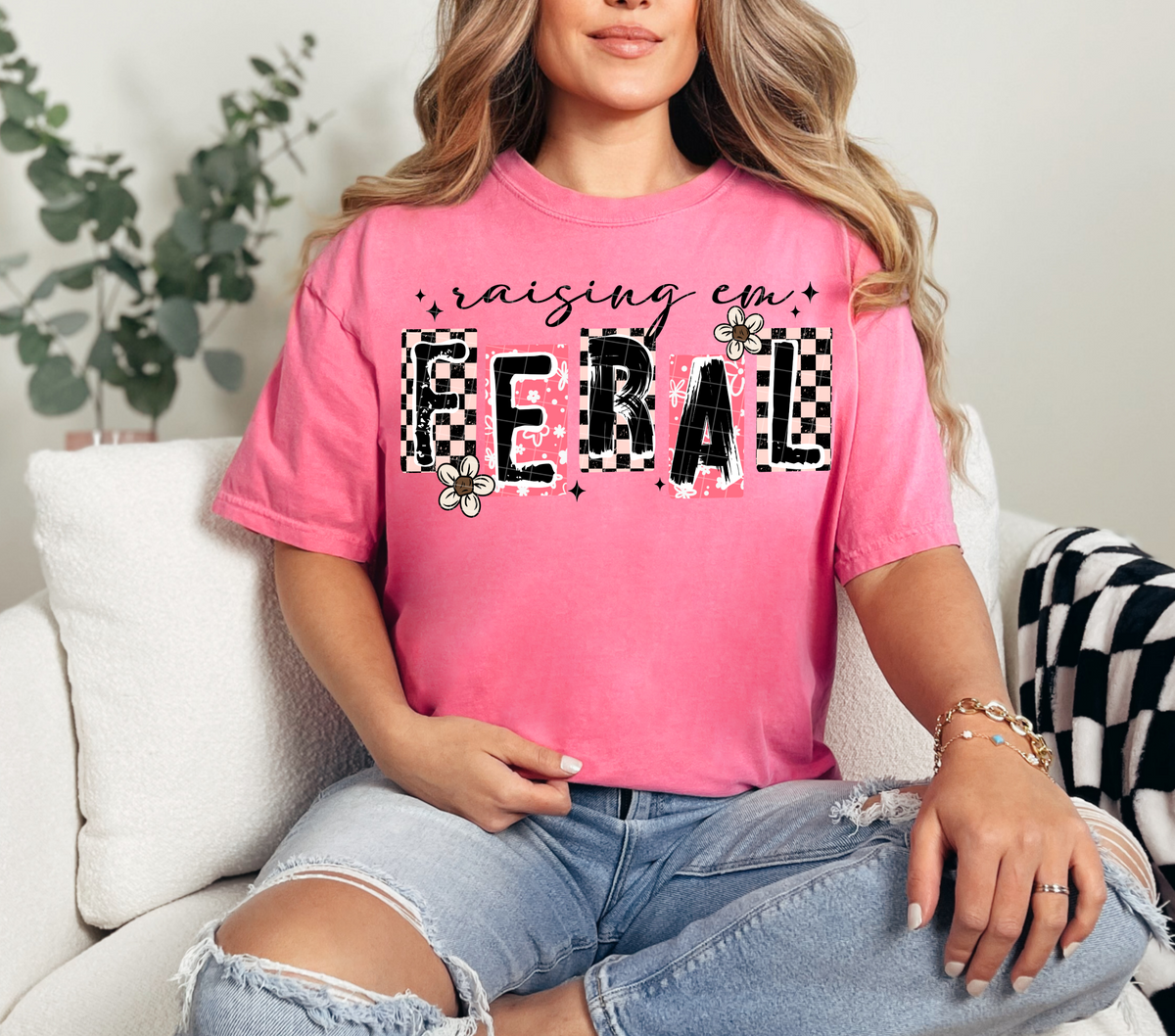 Raise em feral black white and pink checkered (Linda) DTF Transfer