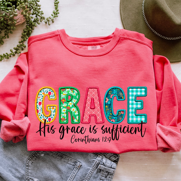 Grace his grace is sufficient spring and black font exclusive DTF transfer