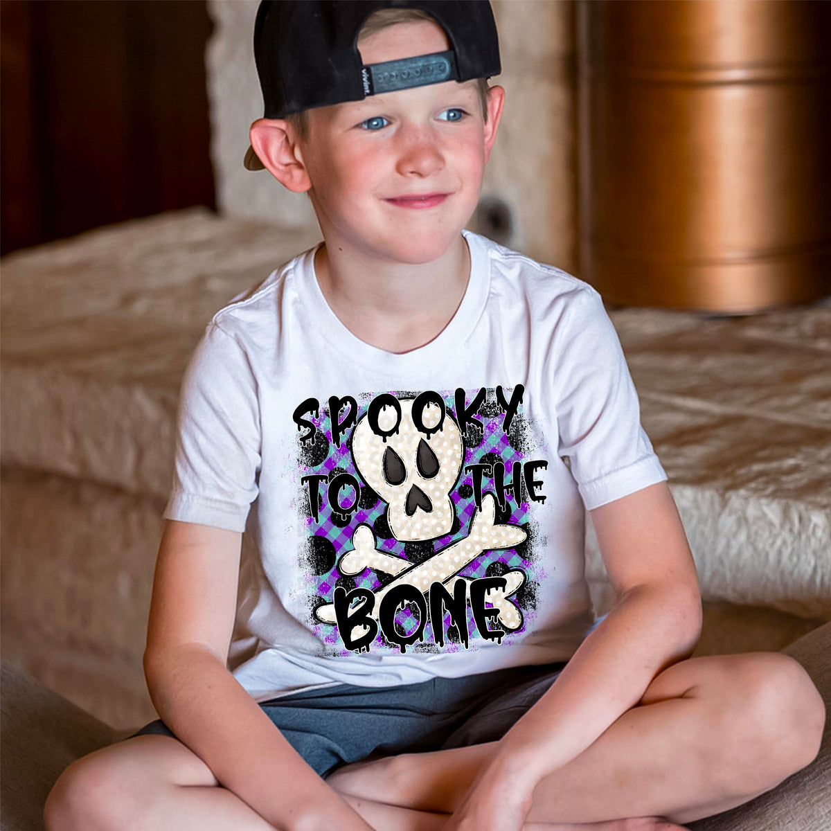 Spooky stacked skull and bones with purple blue background 2425 DTF TRANSFER