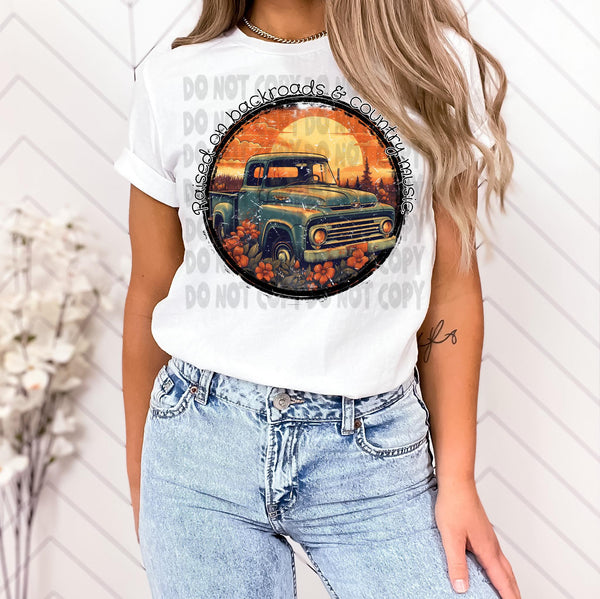 Raised on backroads and country music (teal vintage truck in circle) 2260 DTF Transfer