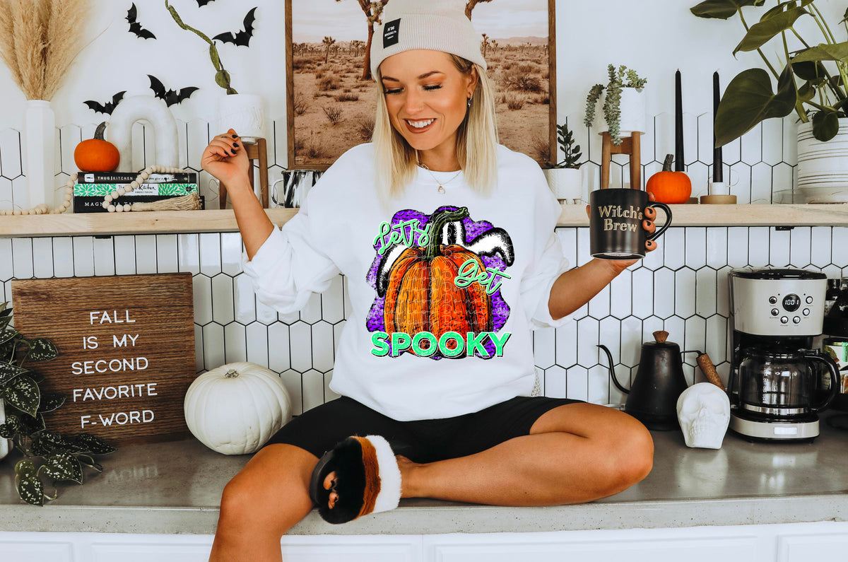 Lets get spooky pumpkin with ghost behind it and purple background  2341 DTF Transfer