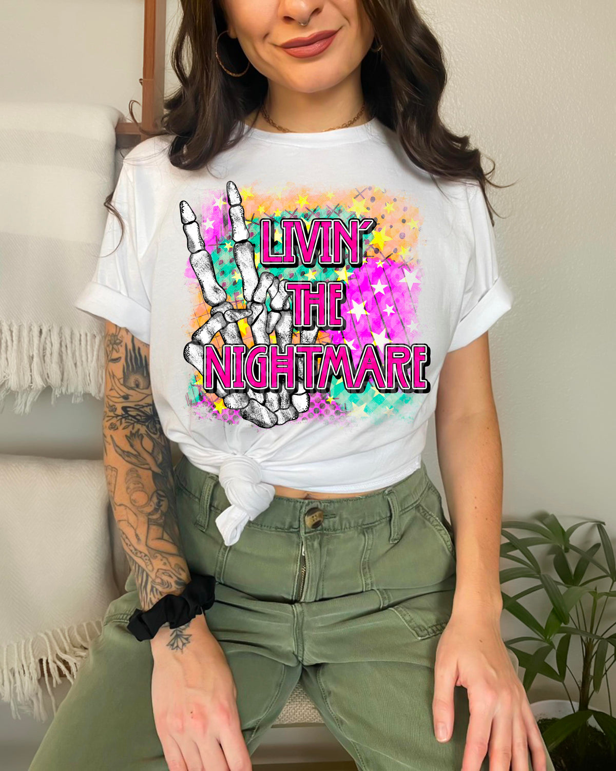 Livin the nightmare peace skellie colorful background  2431 DTF TRANSFER