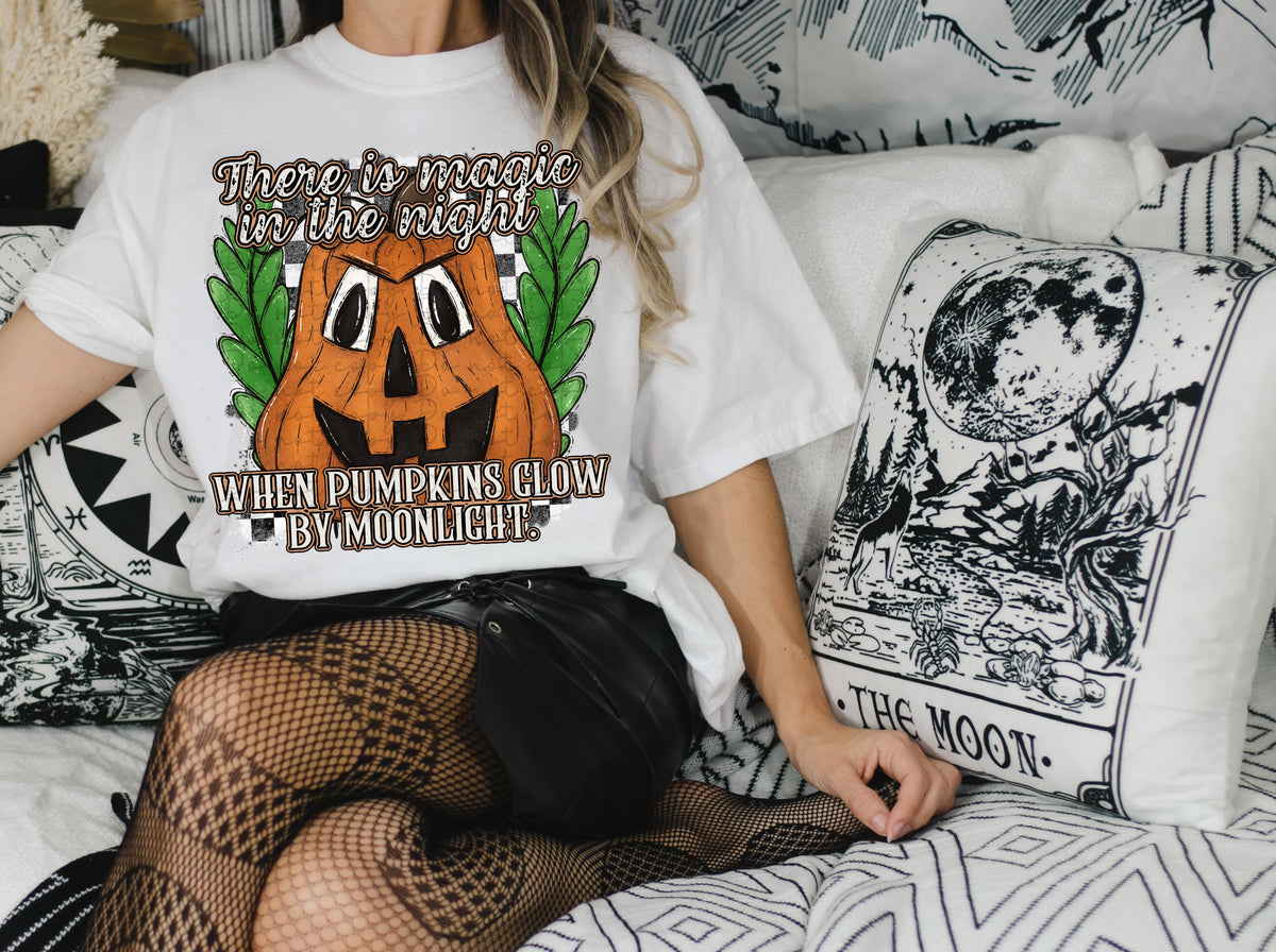 There is magic when pumpkins glow by moonlight (gourd with greenery) 2303 DTF Transfer