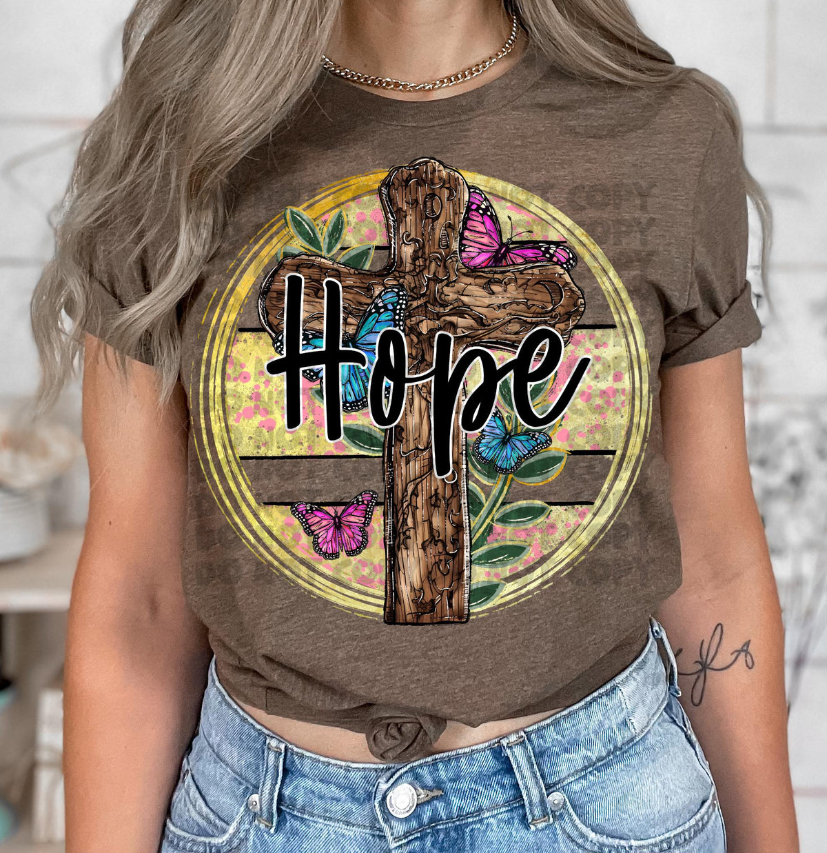 Hope (wooden cross yellow circle butterflies) 2170 DTF TRANSFER