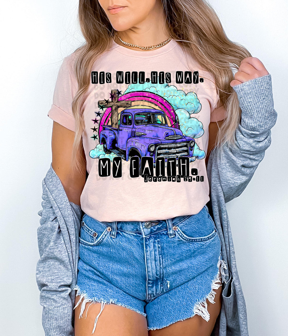 His will. His way. My Faith. Purple truck with cross and rainbow 2237  DTF TRANSFER