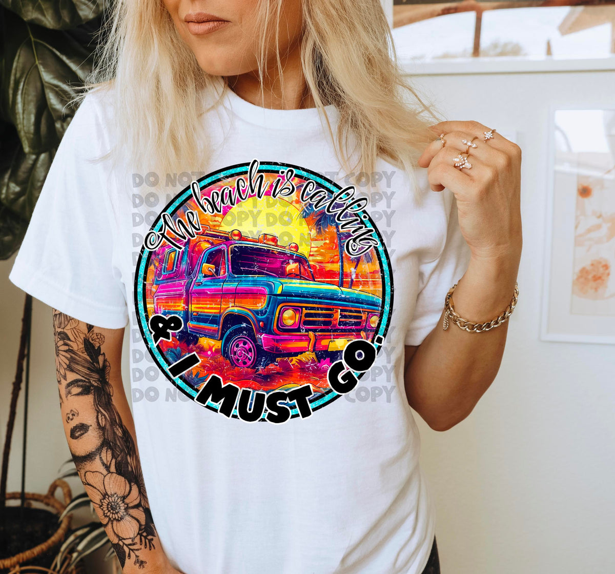 The beach is calling and i must go (circle with truck and sun) 2409 DTF TRANSFER