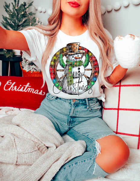 Merry christmas snowman with cactus arms wagon wheel background with lights 2229  DTF TRANSFER