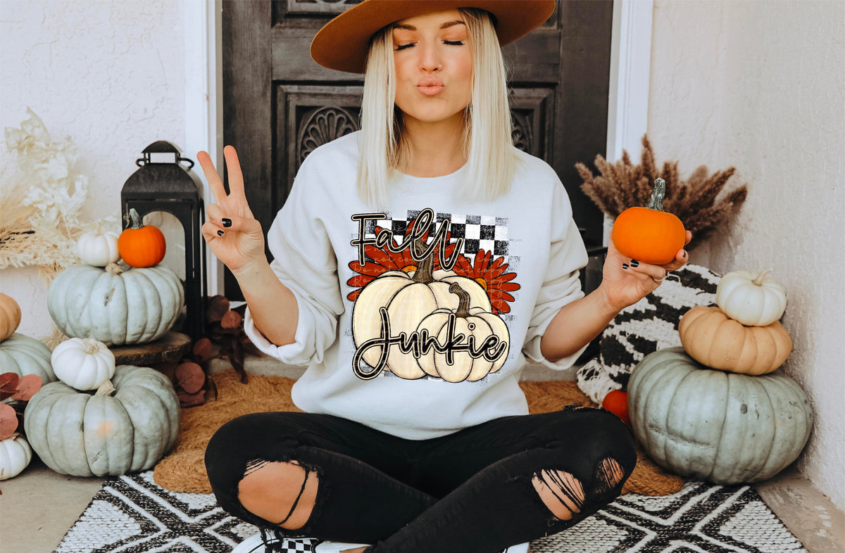 Fall junkie neutral colored pumpkins with flowers and checkered background 2347 DTF Transfer