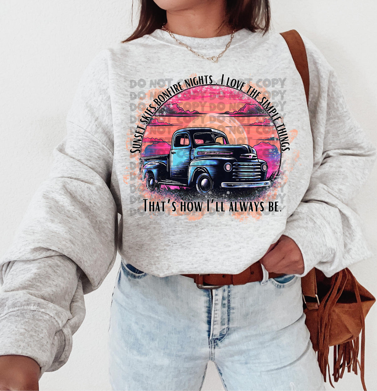 Sunset skies. Bonfire nights. I love the simple things (blue vintage trunk) 2300 DTF Transfer