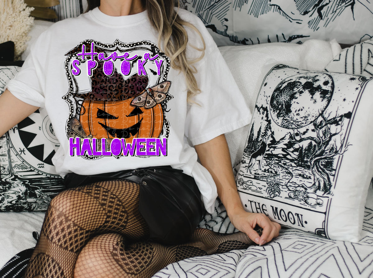 Have a spooky halloween (pumpkin with leopard witch hat and moth) 2406 DTF TRANSFER