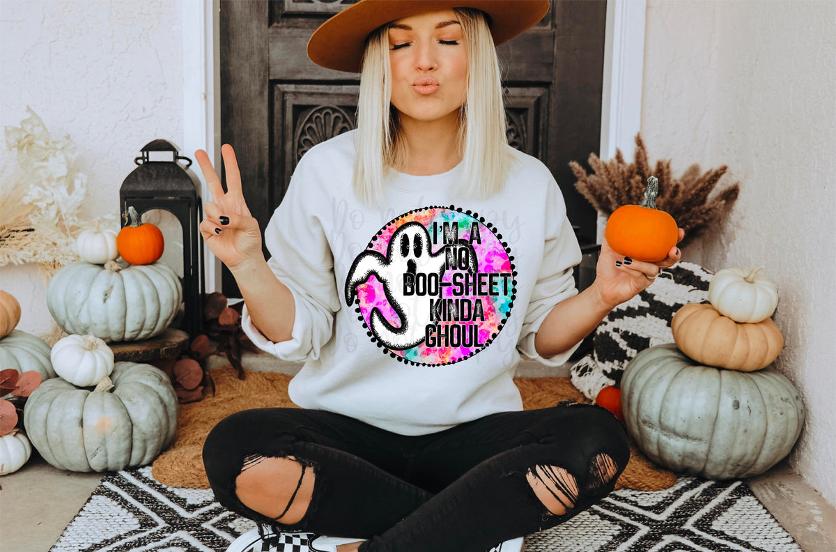 Im a no boo sheet kinda ghoul (colorful circle with ghost) 2291 DTF Transfer