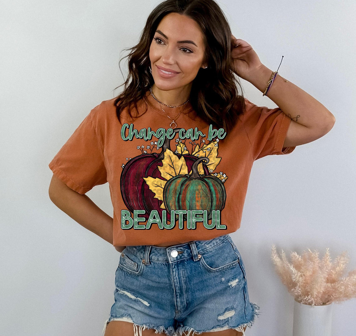 Change can be beautiful red pumpkin (blue green red orange pumpkin with leaves) 2442 DTF TRANSFER