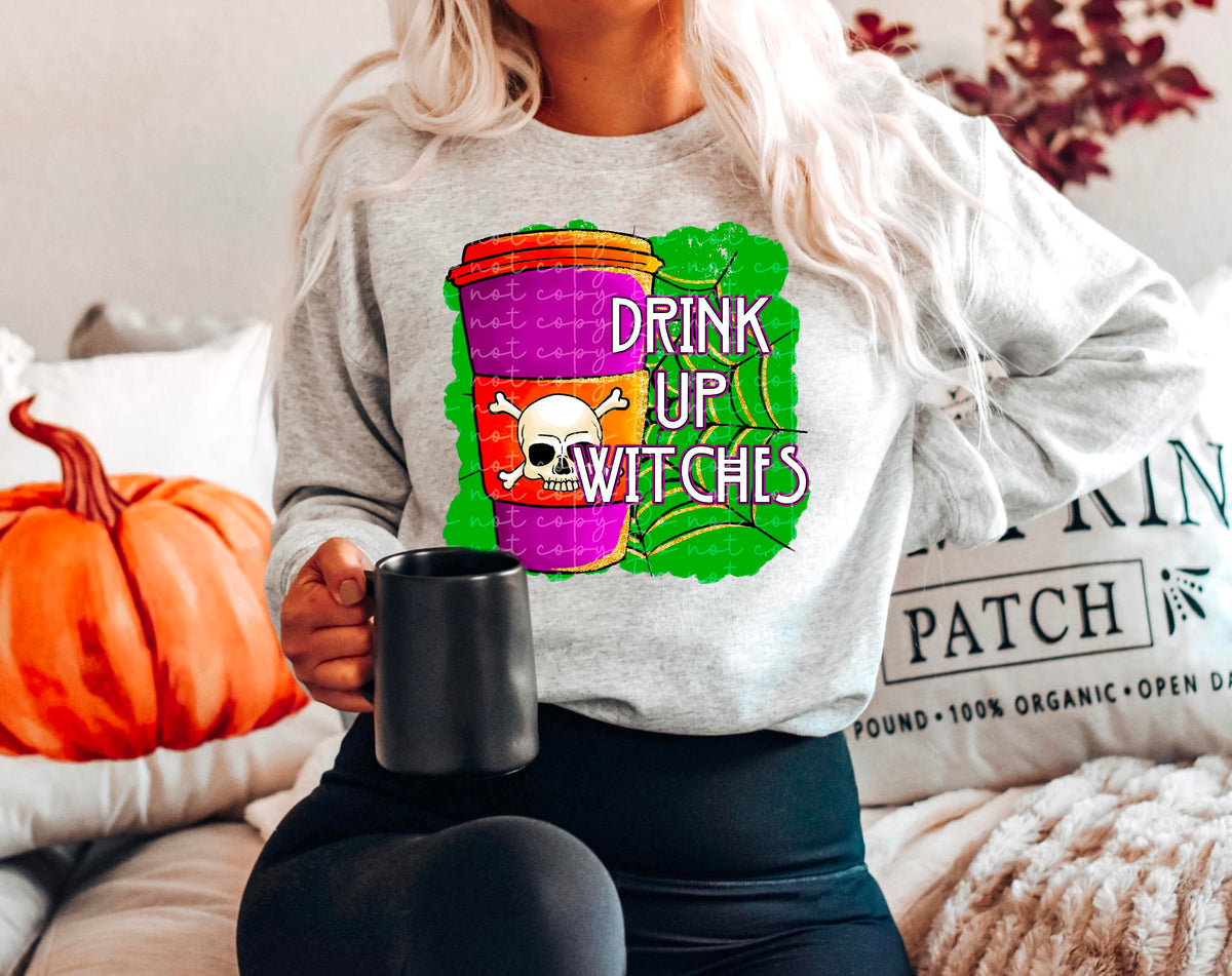 Drink up witches cup with skull green background with web 2334 DTF Transfer