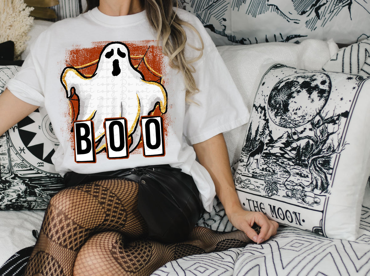 BOO ghost with burnt orange background 2331 DTF Transfer