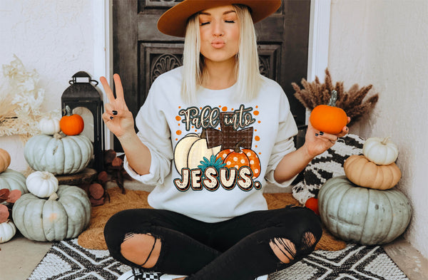 Fall into jesus cross with cream colored pumpkin and orange polka dot pumpkin 2194 DTF TRANSFER