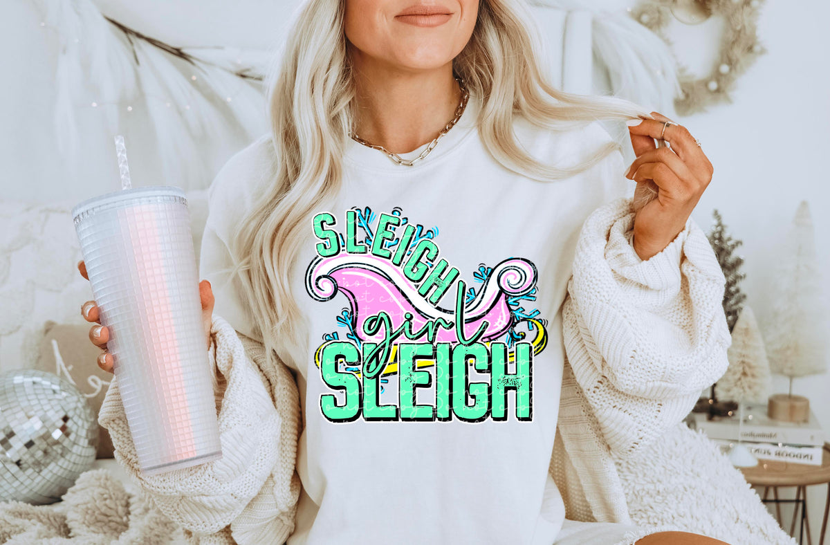 Sleigh girl sleigh pink sleigh green font DTF TRANSFER
