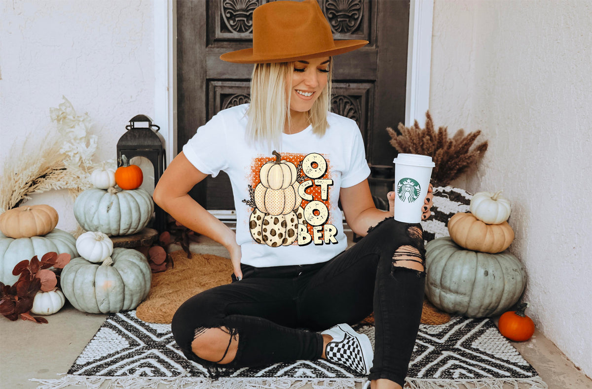 October cream and leopard stacked pumpkins 2378 DTF TRANSFER