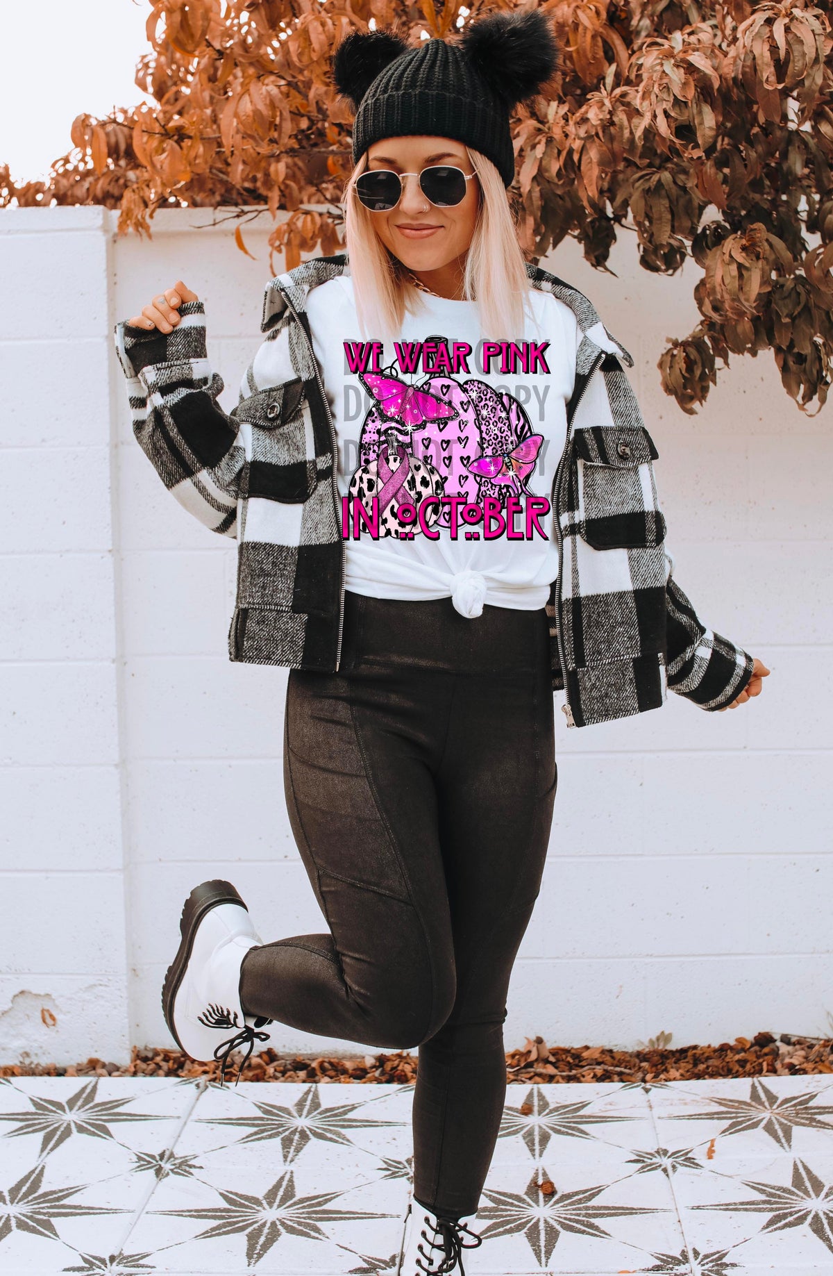 We wear pink in october pink pumpkins and butterflies 2468 DTF TRANSFER