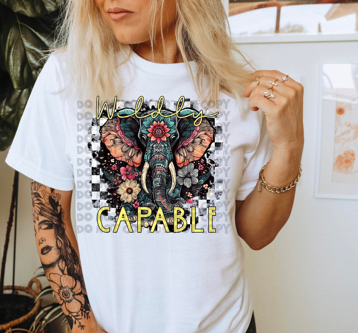 Wildly capable elegent elephant with checkered background 2414 DTF TRANSFER