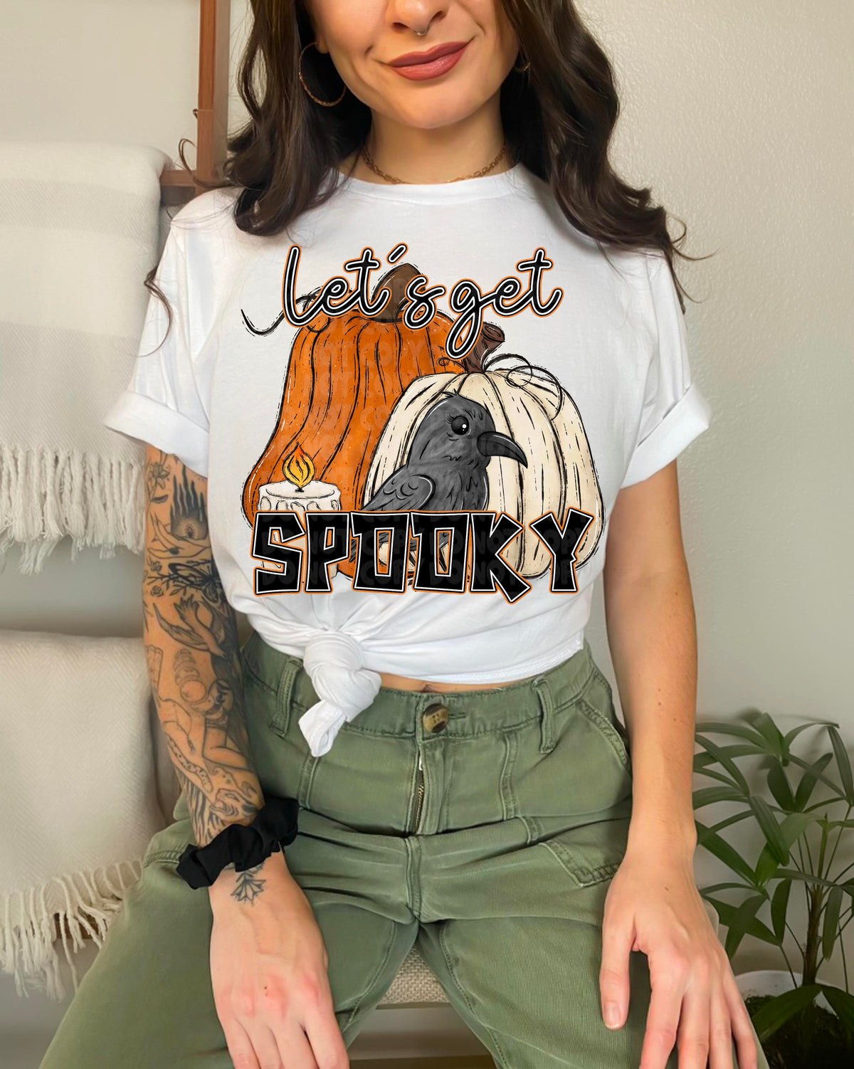 Lets get spooky two pumpkins with candle and crow 2301 DTF Transfer