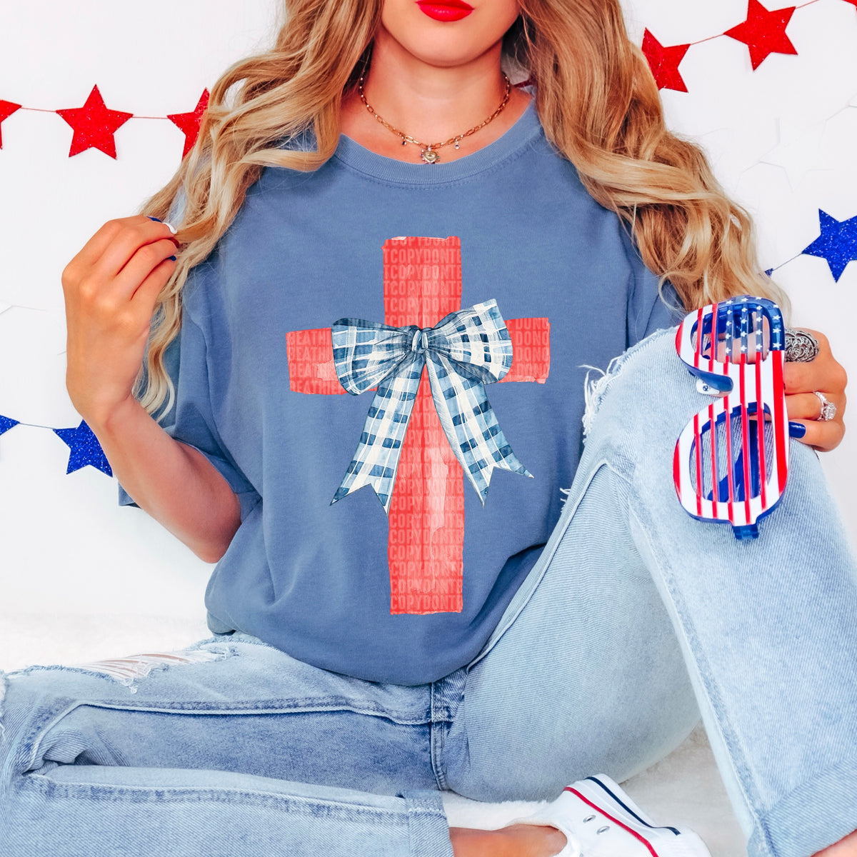 Red cross gingham bow 106039 DTF transfer