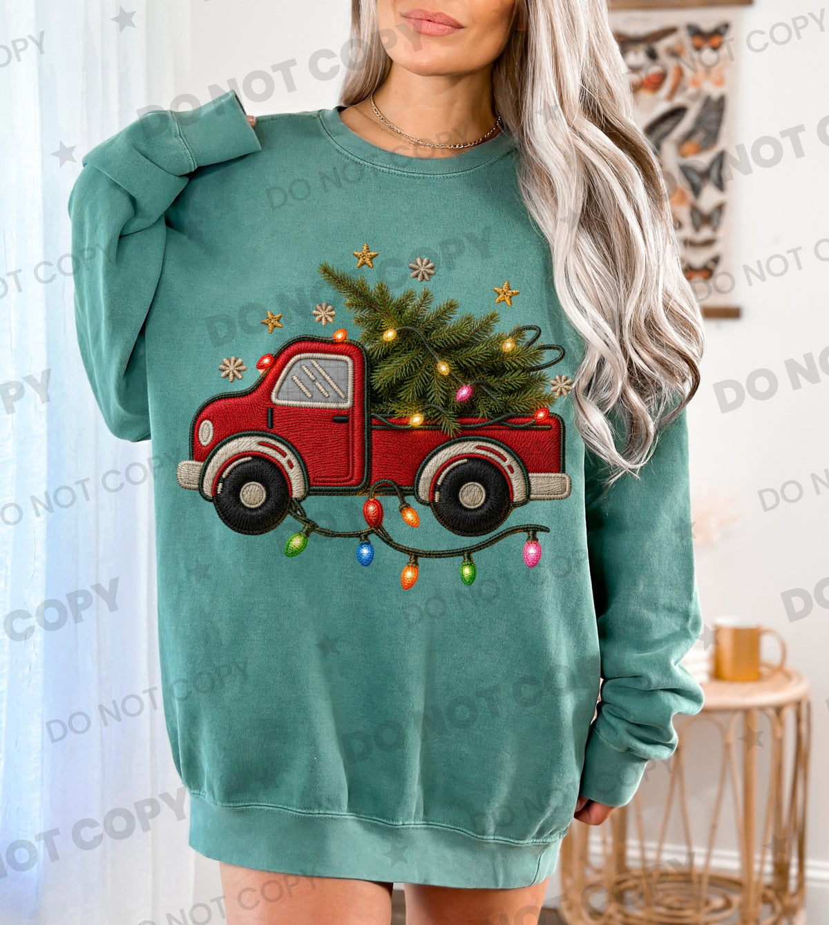Red truck Christmas tree in back with Christmas lights (HW) DTF Transfer