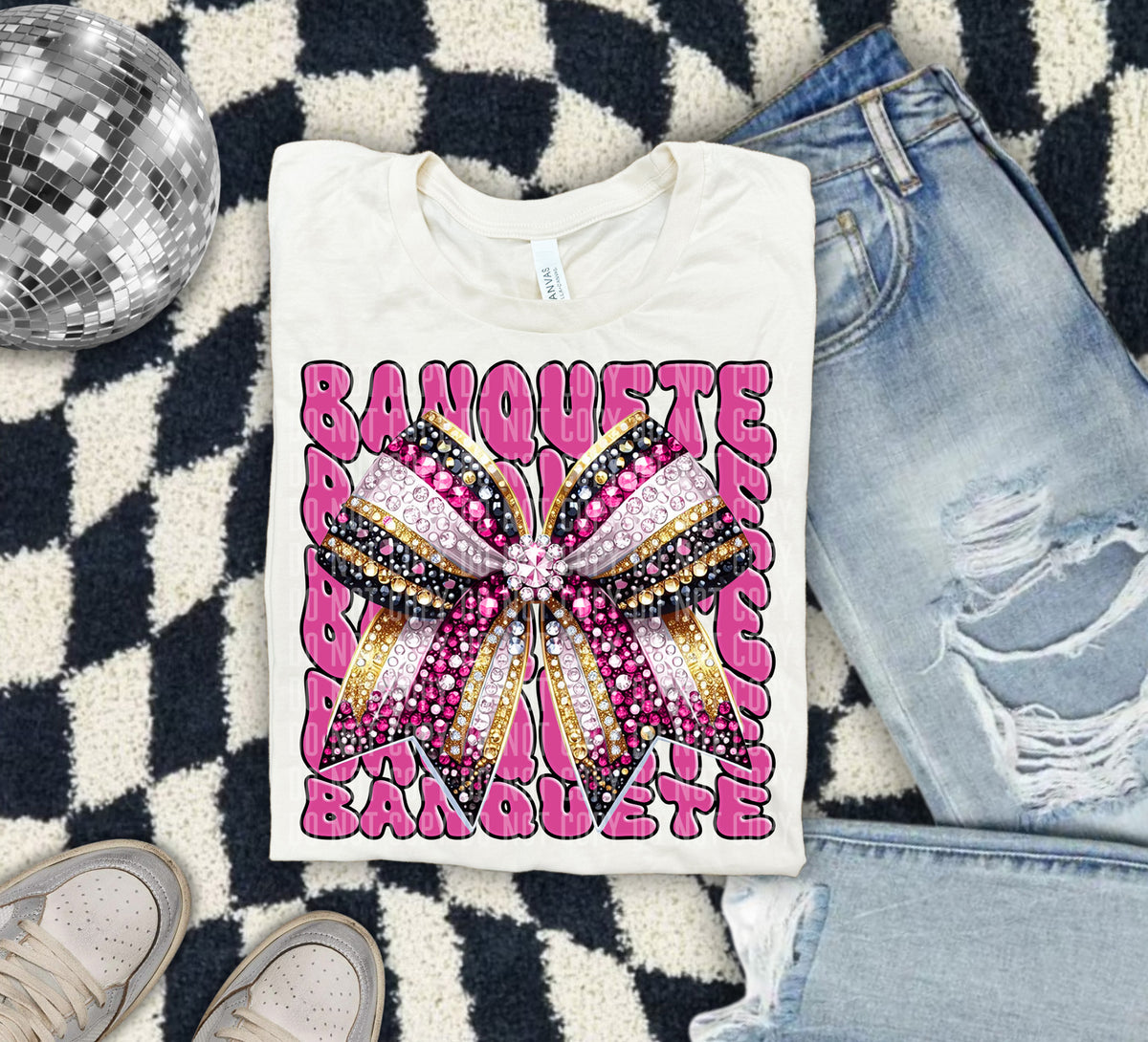 Banquete Pink Bow School Mascot Rhinestone 57946 DTF transfer