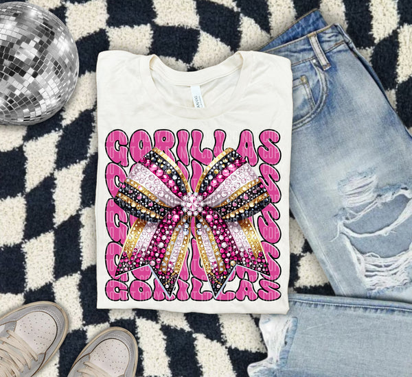 Gorillas Pink Bow School Mascot Rhinestone 57950 DTF transfer