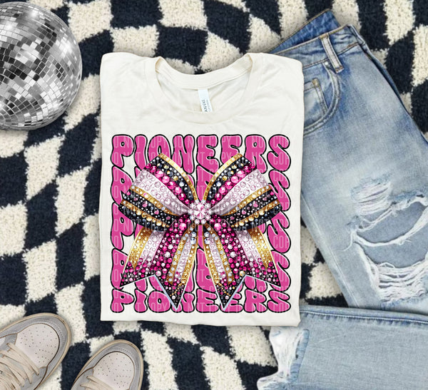 Pioneers Pink Bow School Mascot Rhinestone 57958 DTF transfer