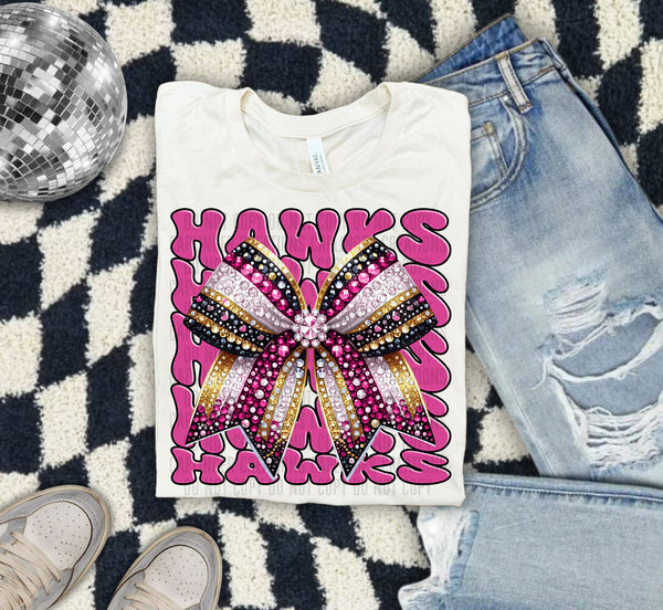 Hawks Pink Bow School Mascot Rhinestone 57951 DTF transfer