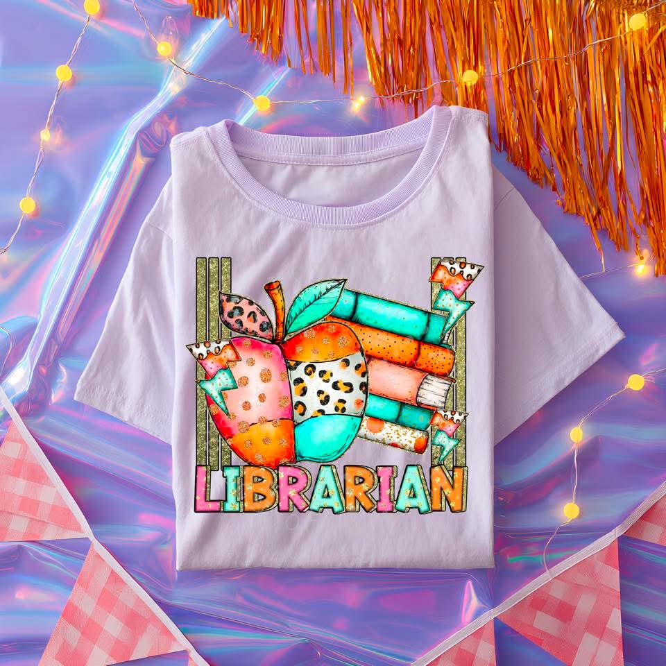 Librarian stacked books and apple C's DTF transfer