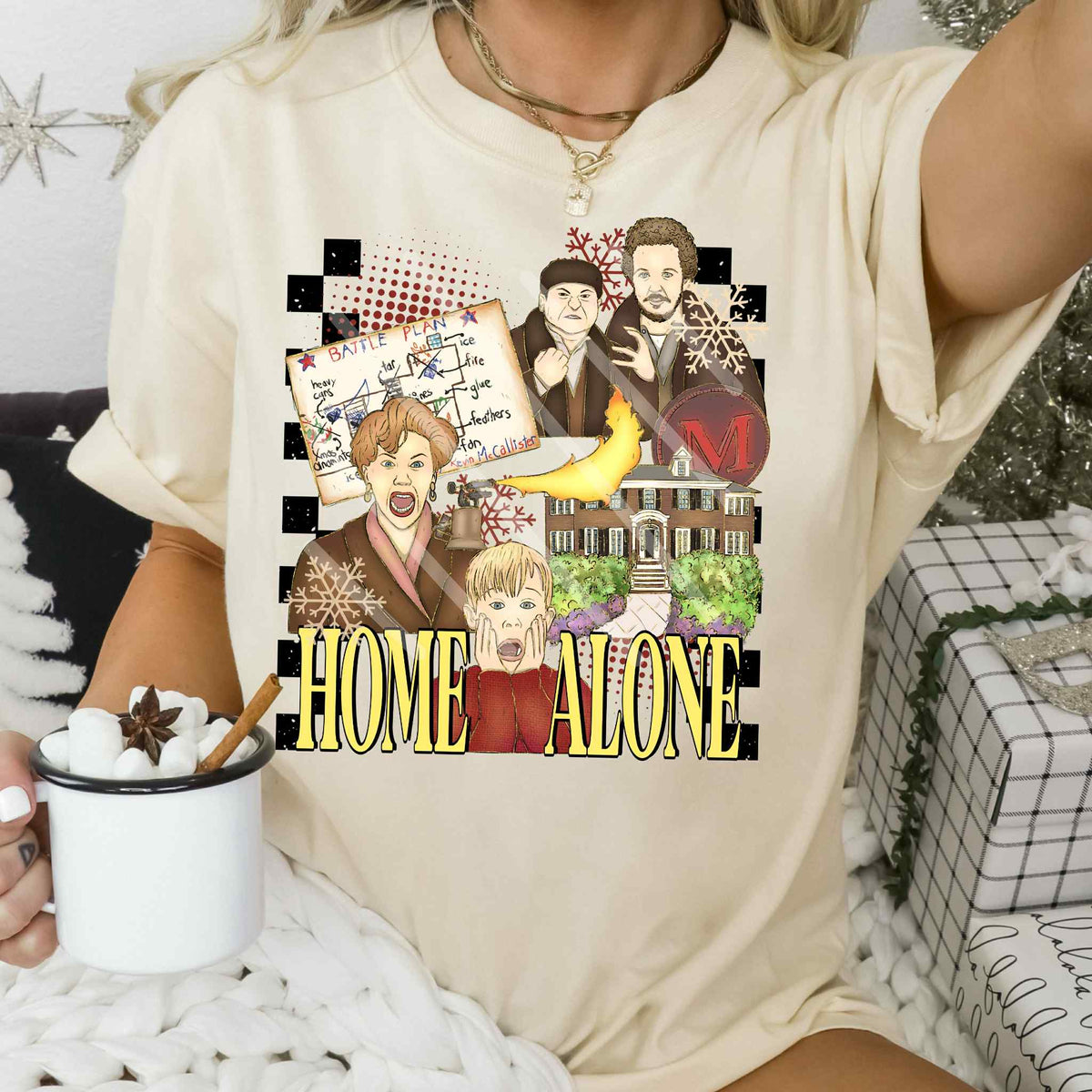 Home alone WITH MOM stamp collage battle plan DTF transfer