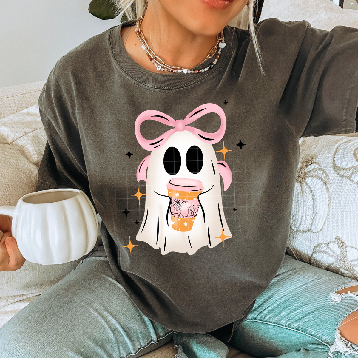 Ghost with pink bow and latte CSC DTF transfer