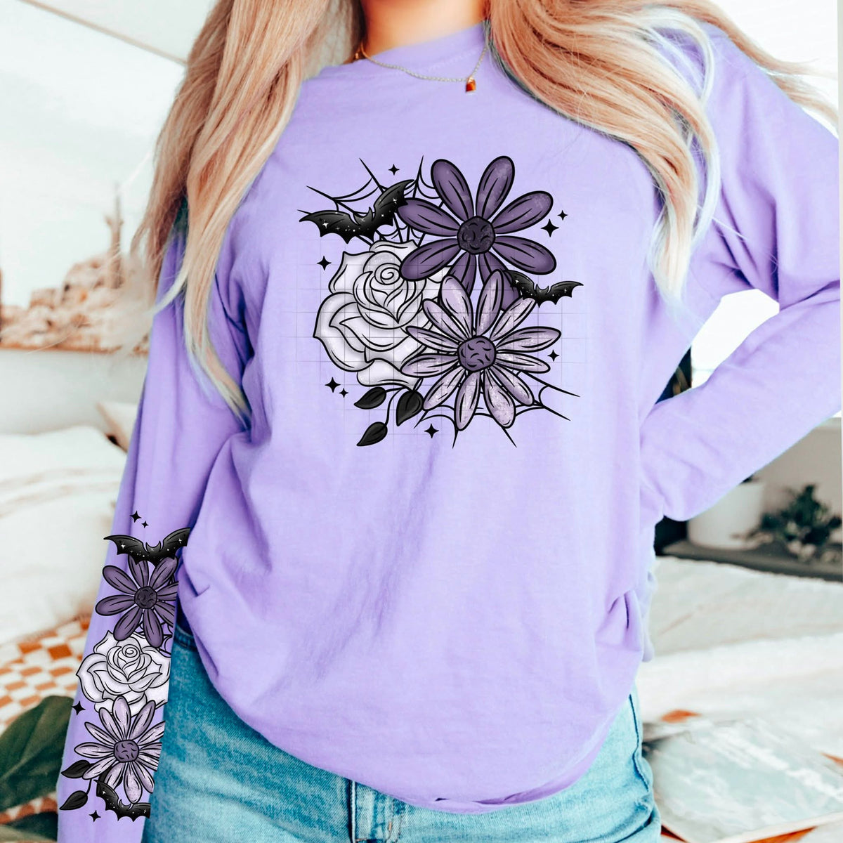 Purple flowers and bats CSC DTF transfer