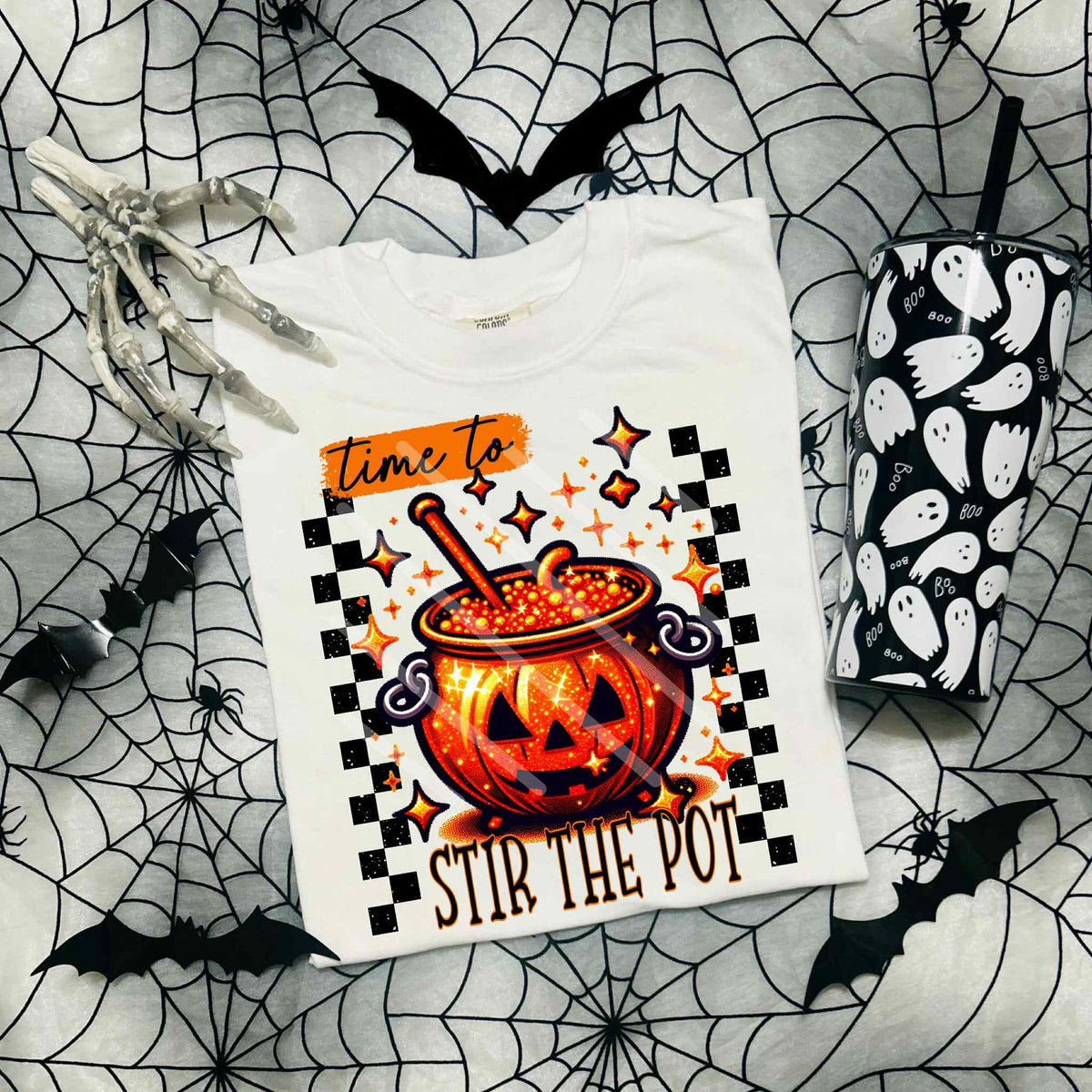 Time to stir the pot pumpkin checkered sequins DTF transfer