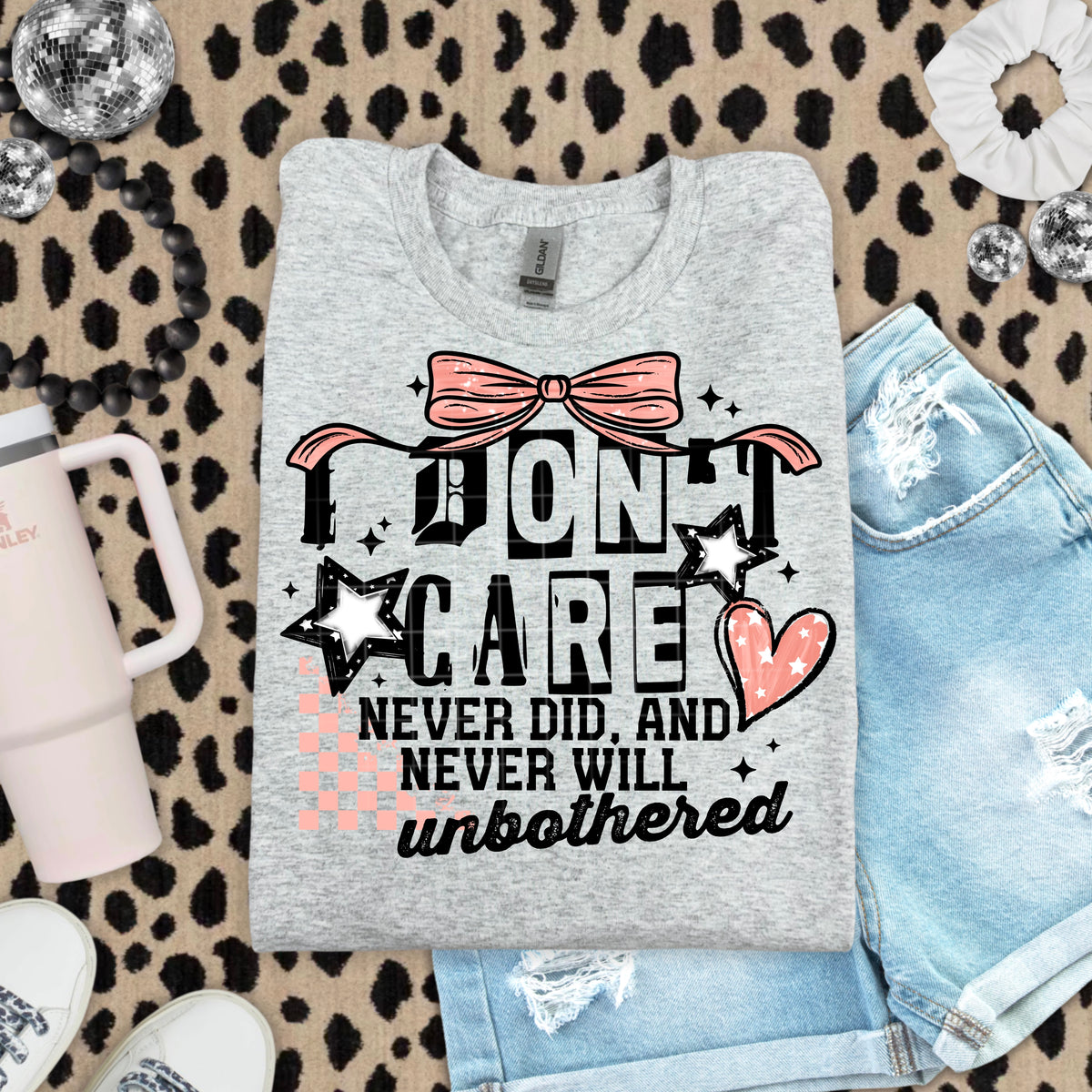 I don't care never did and never will Pink bow BLACK FONT CSC DTF transfer