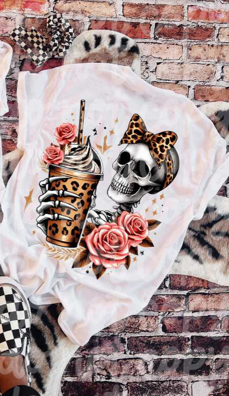 Skellie with leopard bow and coffee (VS) 52232 DTF transfer