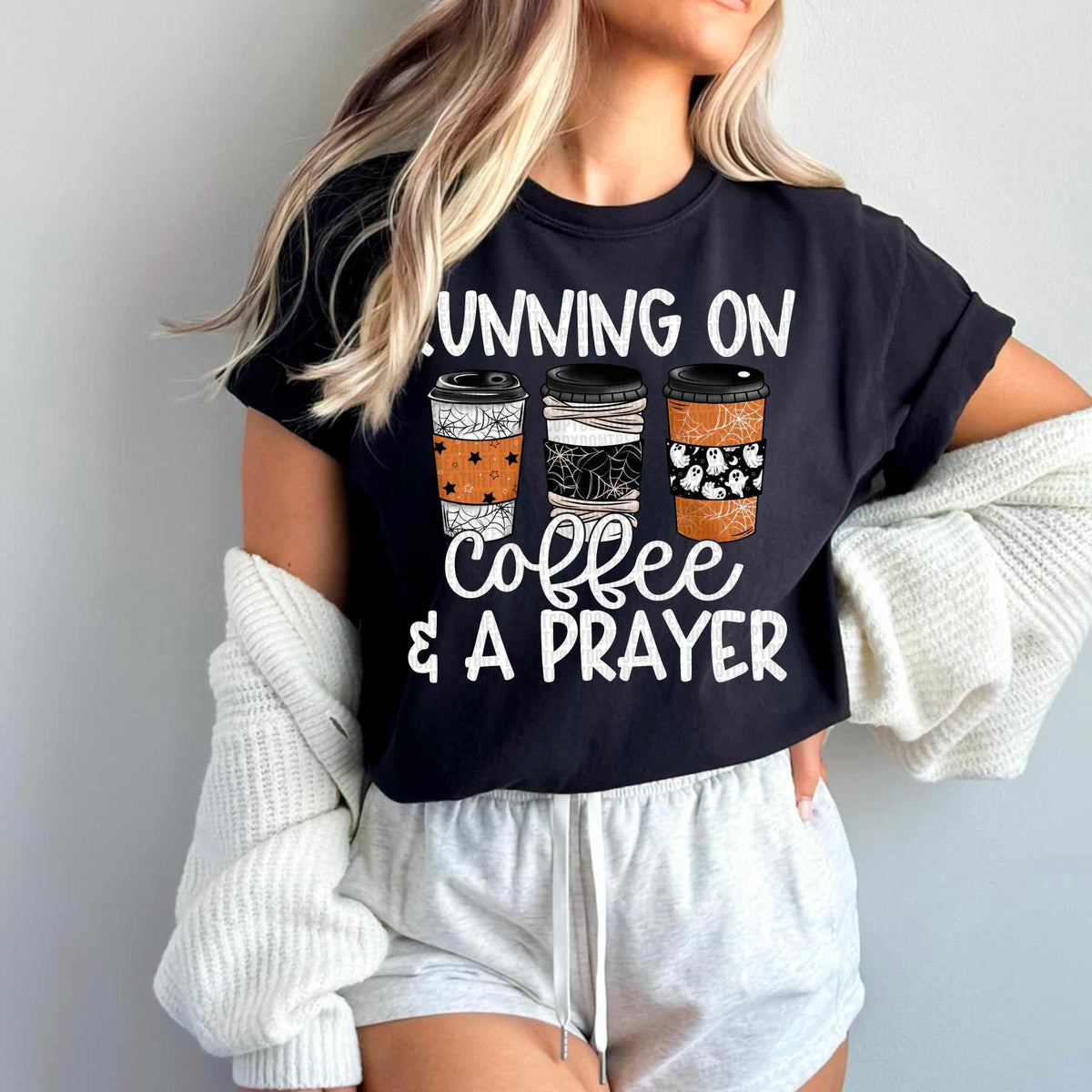 Running on coffee & a prayer white font 50667 DTF transfer