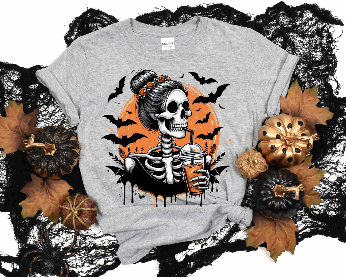 Skellie drinking coffee with bats circle (VS) 52201 DTF transfer