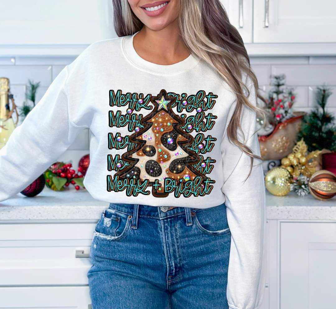 Merry & bright stacked with tree western (C's) 44002 DTF transfer