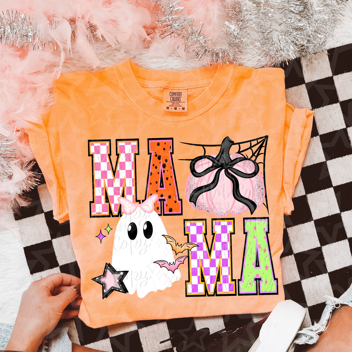 Mama ghost with pink pumpkin VIRGO DTF transfer
