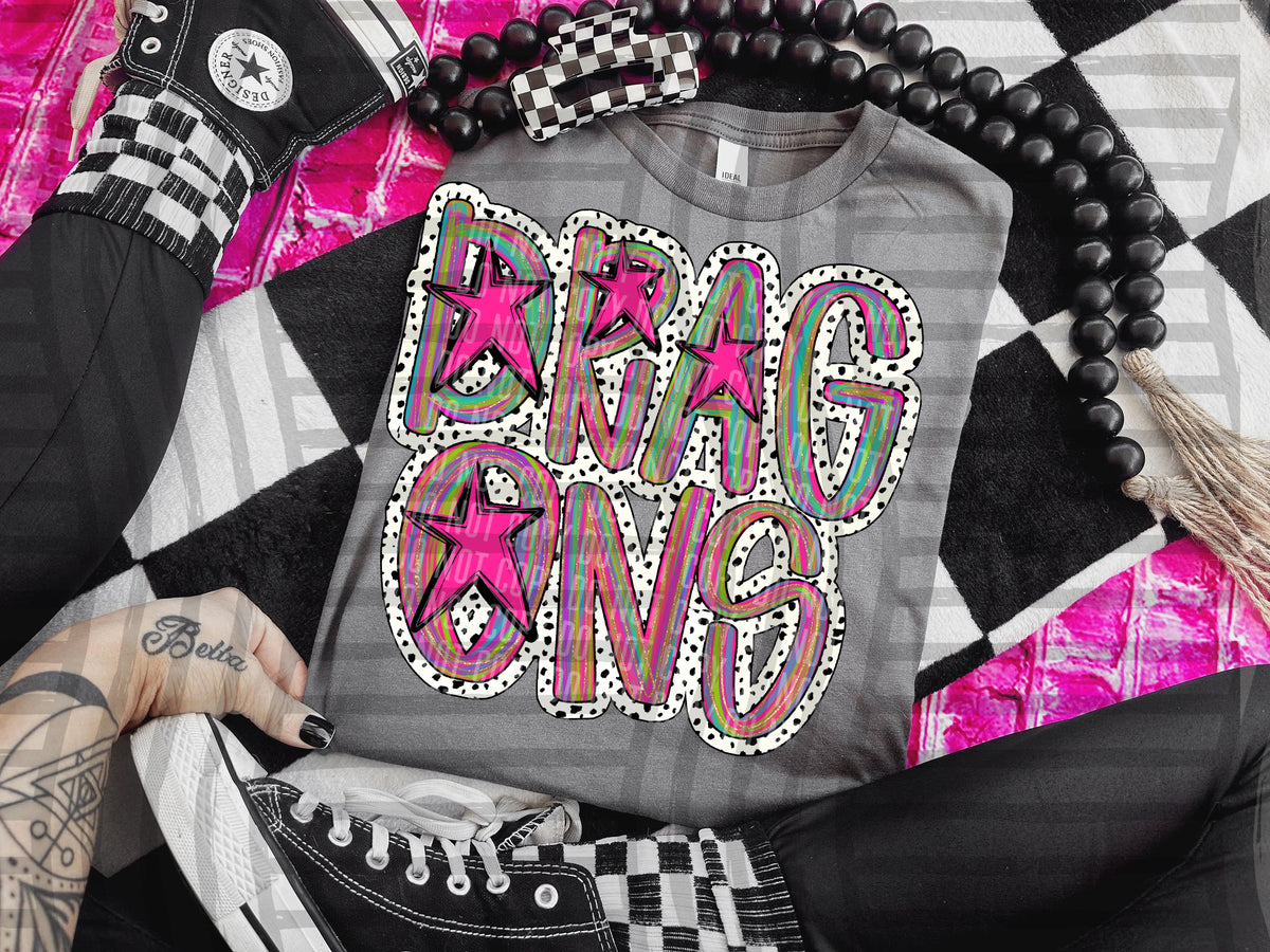 Dragons rainbow brushstroke dalmatian stars DTF transfer