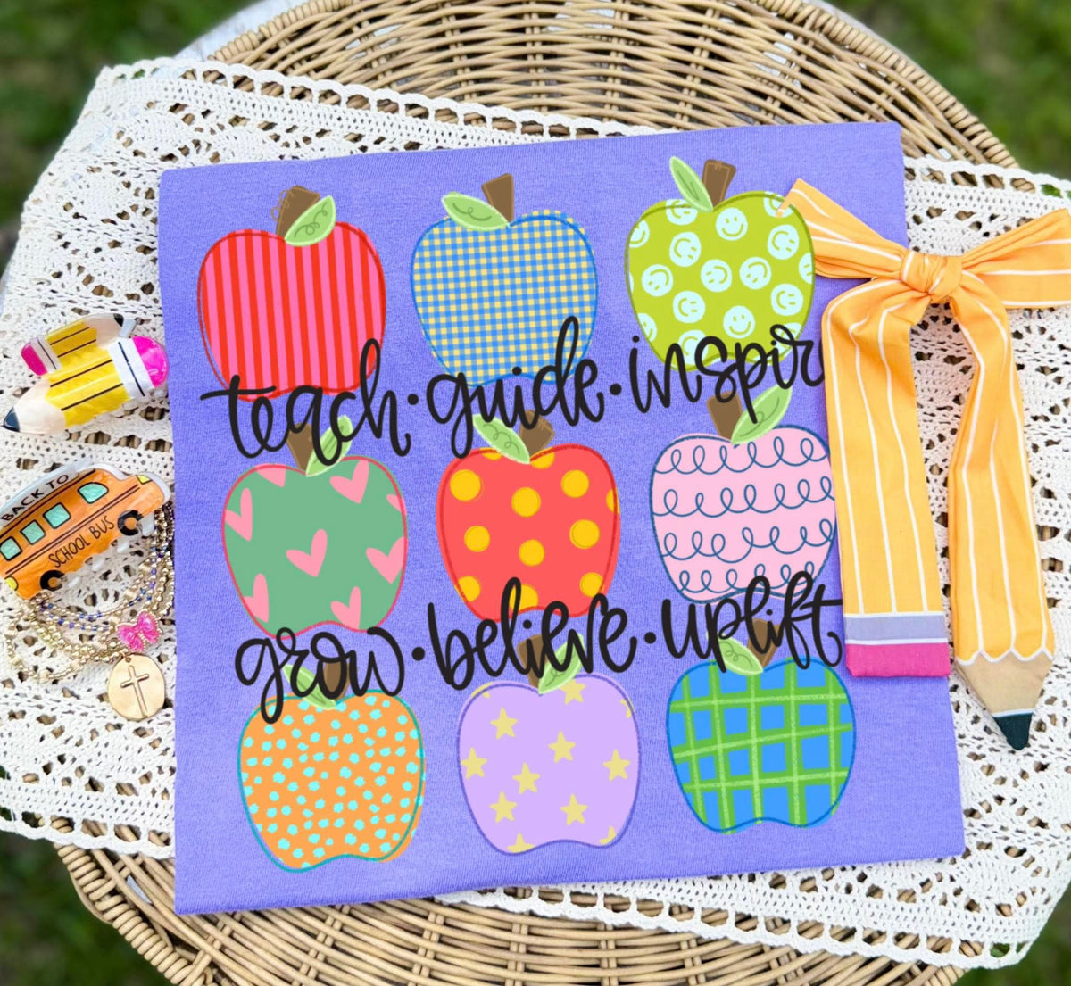 Teach guide inspire grow believe uplift apple collage Sunday Special DTF transfer