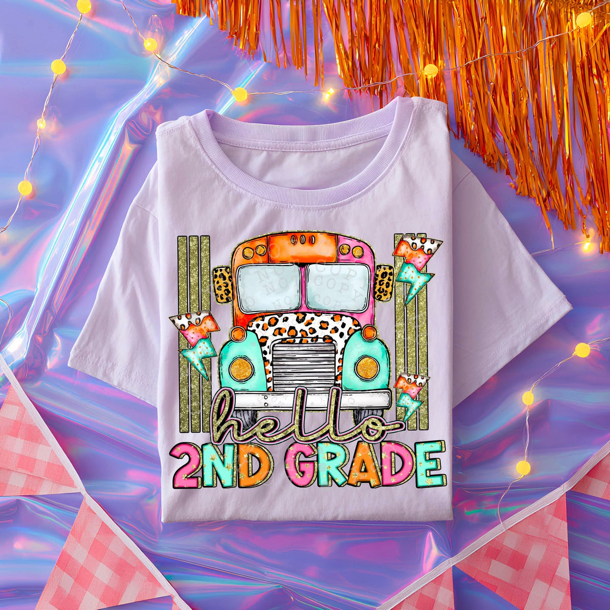 Hello 2nd grade bus and lightning bolt C's DTF transfer