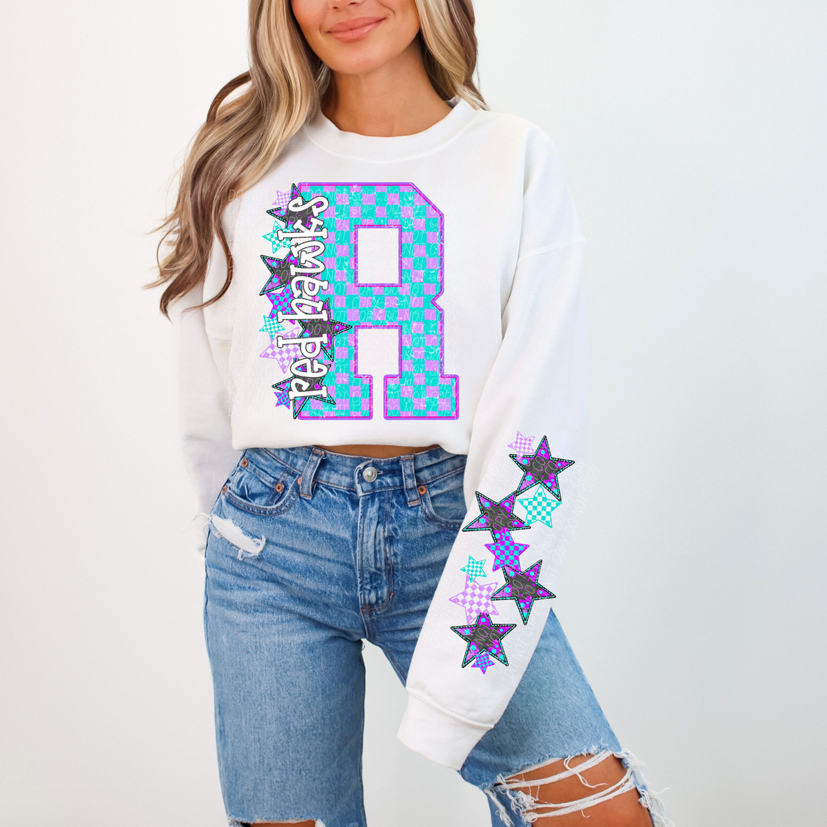 Red Hawks purple and blue checkered caplinger DTF transfer