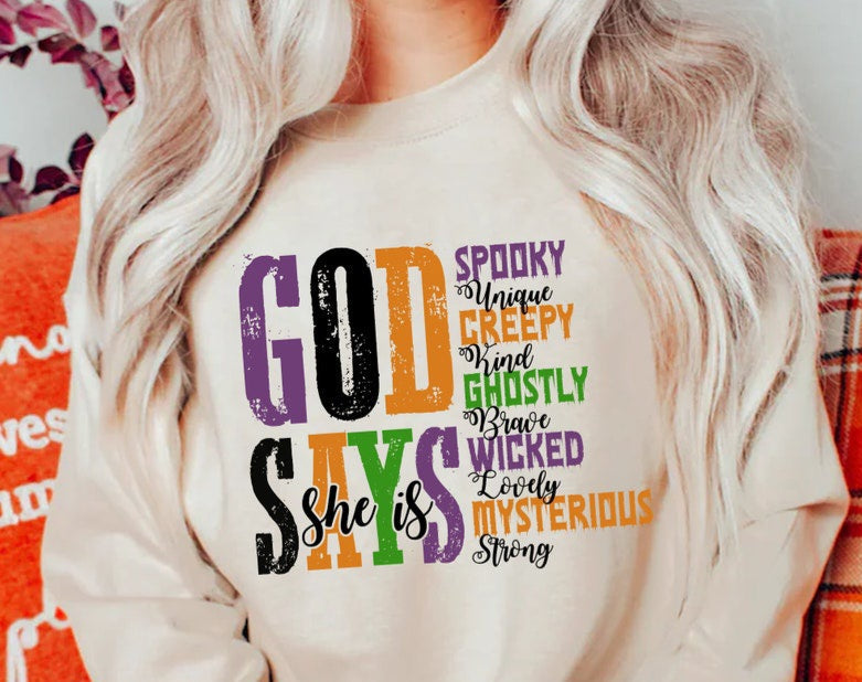 God says she is spooky creepy ghostly wicked mysterious sunday special DTF transfer