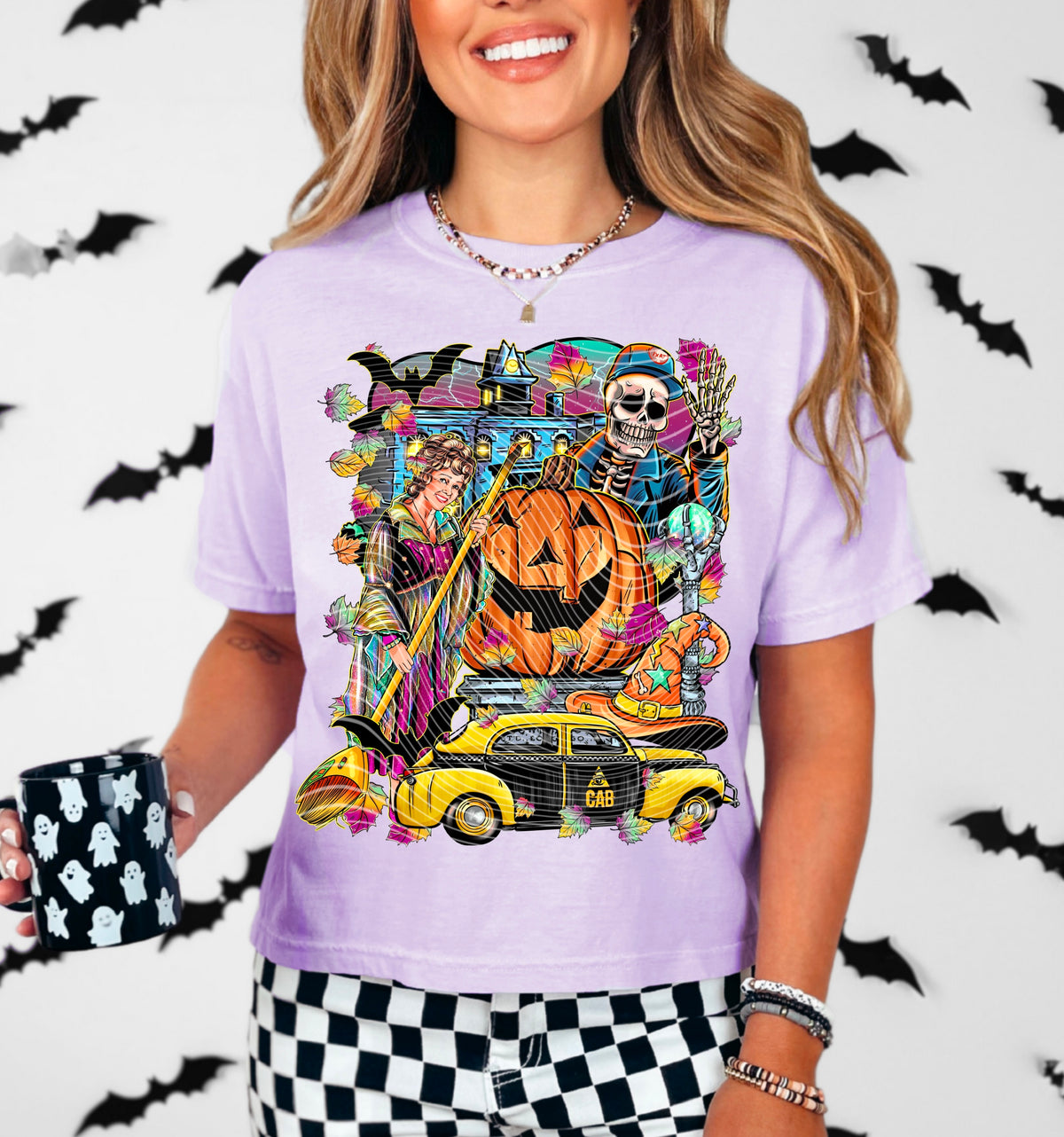 Skellie Taxi cab halloween collage AG  DTF transfer