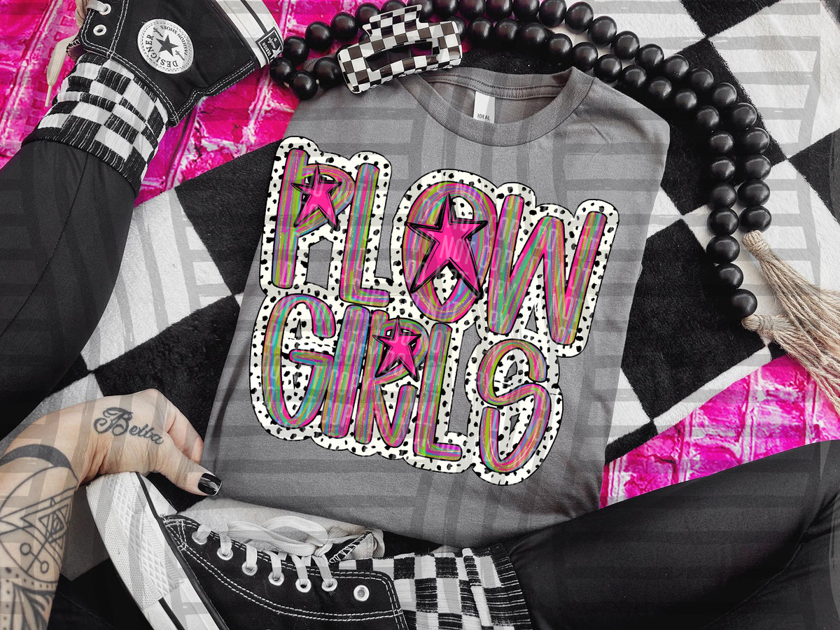 Plowgirls rainbow brushstroke dalmatian stars DTF transfer
